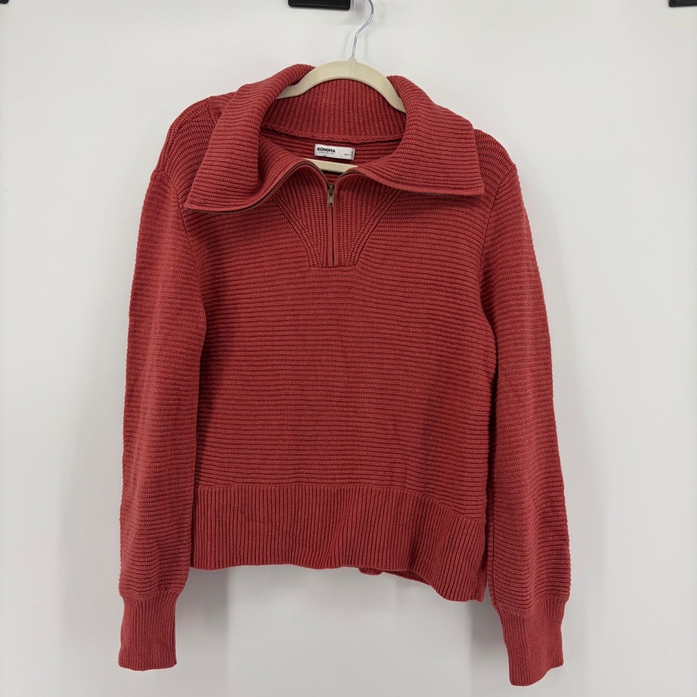 Sonoma Womens Medium Terracotta Red Quarter Zip Pullover Ribbed Knit Sweater